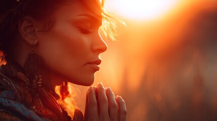 Fototapeta premium Serene Woman Praying Sunset Golden Hour Peaceful Spiritual Meditation Tranquil Calm Hopeful Soulful Mindful Peaceful Nature Spiritual Enlightenment Inner Peace Yoga Mindfulness Red