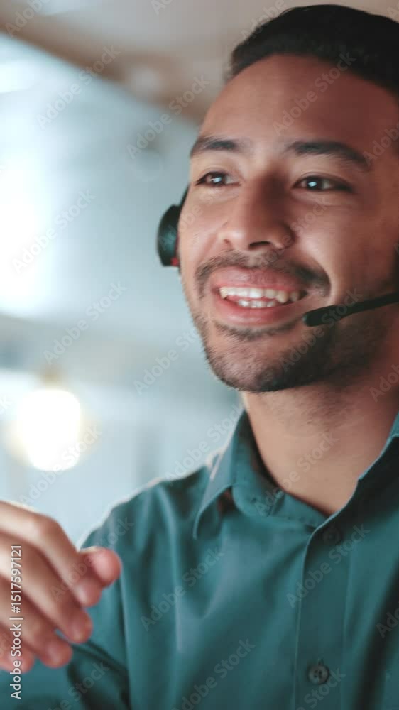 Poster agent, explain or asian man in call center for customer service chat, overtime and loan. computer, f