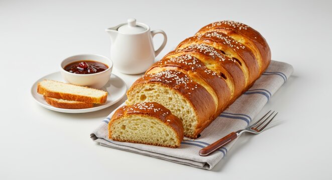 Delicious Sliced Challah Bread with Jam and Coffee Pot Ready to Serve