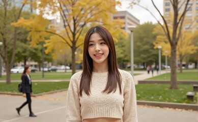 Modern street style visual woman messy top knot smiling in crop top denim skirt downtown park tilted framing advertising campaign