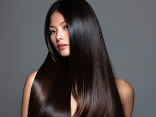 Asian model with long straight hair with sleek lines and shine. copy space for cosmetic hair treatment product