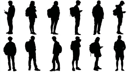 Silhouettes of Diverse Teenagers Students Backpacks Casual Standing People Youth Mobile Phone Technology Urban Lifestyle Background Illustration Graphic Design Vector Boy Man Set  