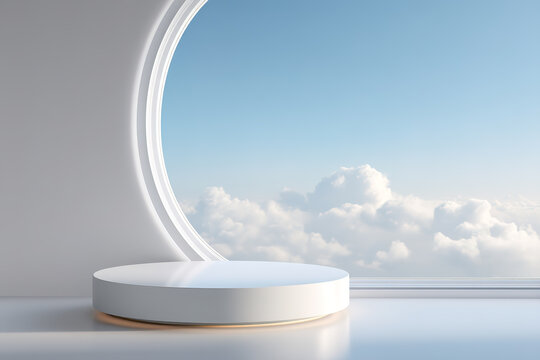 Minimalist product display stand against the background of the cabin window