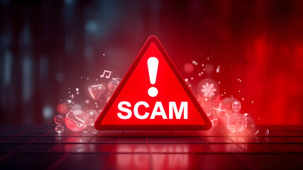 AI Image gen Scam alert cyber fraud, phishing, hacking, spam, and online threat warning. Digital security breach and suspicious activity notification
