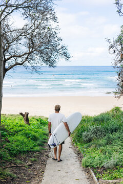 Surfer is walking down a path toward the beach carrying his surfboard