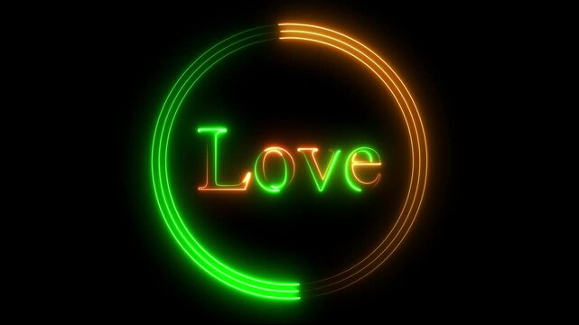 neon line circle animation on black background. Glowing neon line love text with glowing. Neon love sign as illuminated advertising for nightclub or massage. 