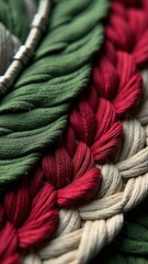 Close up of a bunch of different colored yarns. The colors are green, red, and white
