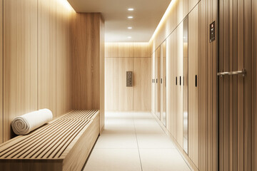 Modern spa locker room with wooden walls bench and towel