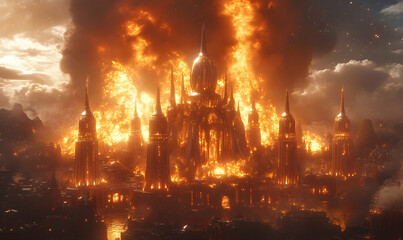 Obraz premium A city engulfed in flames with stylized, golden towers, and billowing smoke against a cloudy sky