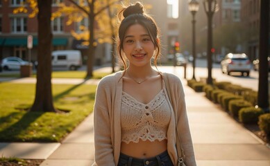 Casual fashion shoot of pretty woman messy updo wearing knit crop top denim skirt downtown green space dynamic composition commercial