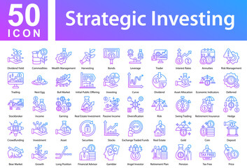 Strategic Investing Collection of Icons with Outline Gradient. Containing: Dividend Yield  ,Commodities  ,Wealth Management  ,Harvesting  ,Bonds  ,Leverage  ,Trader  ,Interest Rates  ,Annuities 