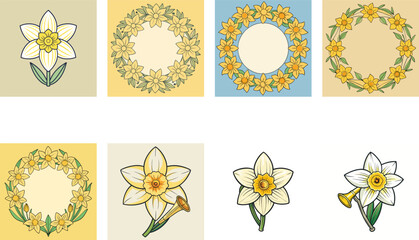 Set Of Daffodil Flower Vector Illustrations With Wreaths And Individual Blooms