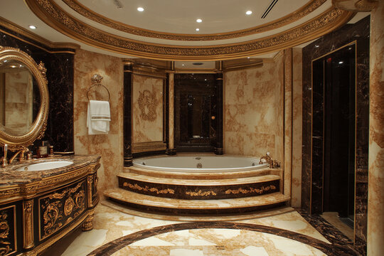 Luxurious bathroom with marble finishes gold accents and a built in tub
