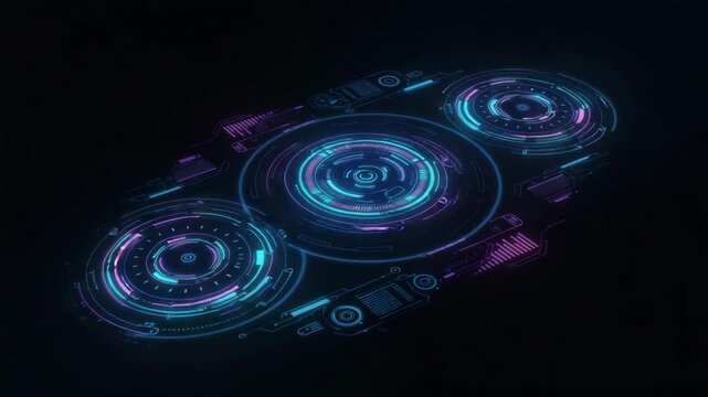 Neon interface elements with glowing circular modules in dark background  