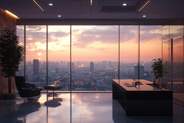 Modern office sunset city view luxurious design relaxing armchair desk workspace