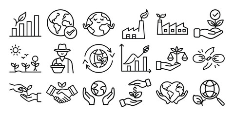 Minimal line icons illustrating fair trade, ethical sourcing, sustainable economy, and eco-certified commerce. Perfect for use in green business campaigns, ethical branding, and environmental projects