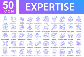 Exspertse Collection of Icons with Outline Gradient Containing: Nursing,Executive Coaching,Mechanical Engineering,Aerospace Engineering,Sustainable Agriculture,Curriculum,Content Creation,