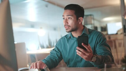 Night, business and man with smartphone, computer and typing with internet, email and copywriting. Person, evening or journalist in office, pc or cellphone with review for proofreading or digital app - Powered by Adobe