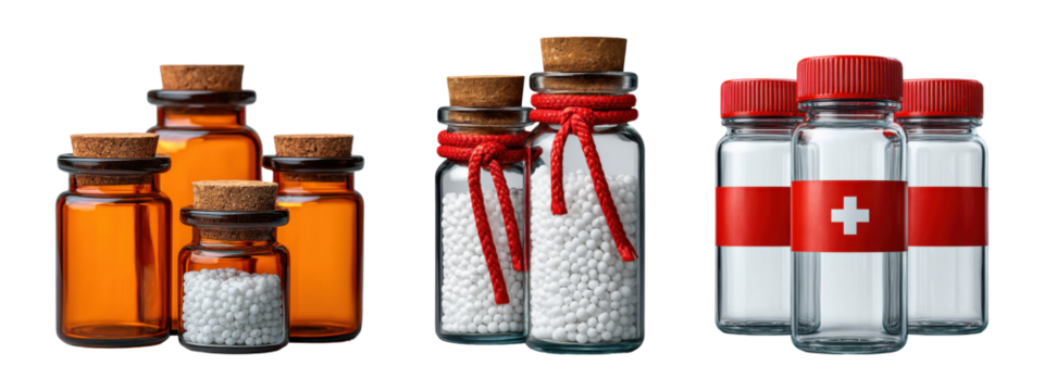 Medical and apothecary glass bottles isolated on transparent background
