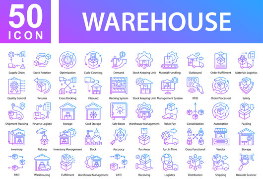 Warehouse Collection of Icons with outline gradient. Containing: Growth Investing,Inflation,Consumer Price Index,Index Fund,Portfolio,Gross Domestic Product,Deflation,Platinum,Stock Market,Fundamental