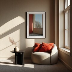 Cozy room with framed artwork and sunbeams