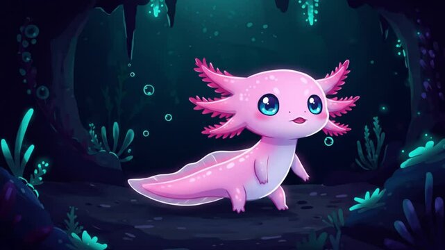 Cartoon axolotl illustration amidst a bioluminescent underwater cave scene