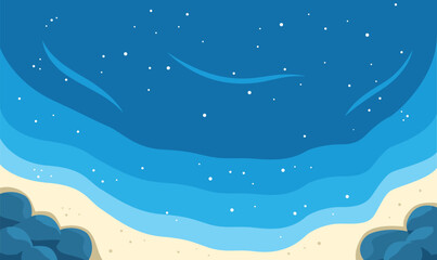 Aerial Top View of Blue Ocean Waves Gently Crashing and Rolling Onto a Peaceful Sandy Shoreline