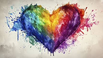 A watercolor heart design displays a vibrant array of rainbow colors on a canvas background