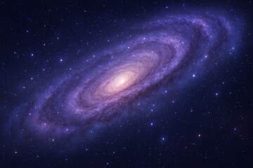 Majestic spiral galaxy stretching across space, glowing star clusters and soft nebula light in purple and blue tones, elegant cosmic background