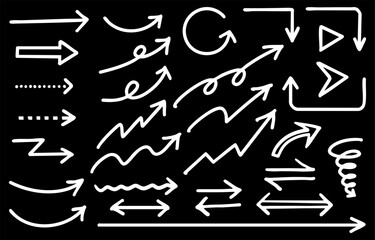 Monochrome hand-drawn arrow set (white on black background)