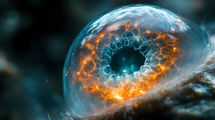 Close-up of an eye with cosmic, nebula-like orange and blue patterns within, reflecting light and depth