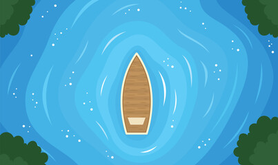 Aerial View of Floating Boat Centered in Vast Blue Water Ocean Lake