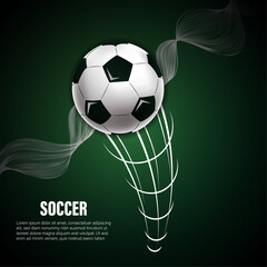 Soccer background with a football hitting the net, white dynamic motion lines, and soft abstract smoke on a dark green gradient. Ideal for sports posters, banners, and event graphics.