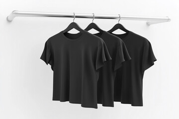 Two black t shirts hanging on wooden hangers on a silver rack against a white wall