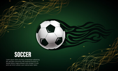 Dynamic soccer background with a flaming football, abstract golden lines, and green textured field. Perfect for sports banners, flyers, and tournament advertisements.