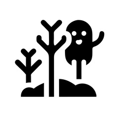 Fototapeta premium Isolated Halloween Ghost in a Simple Haunted Forest Scene for Halloween Decorations, Spooky Blogs, Children's Stories, and Festive Party Invitations 