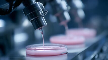 Automated machinery pours pink cream into small containers on a factory production line, showcasing industrial automation and efficiency in cosmetic or food processing