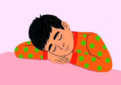 Illustration of a person sleeping peacefully on a pink surface wearing polka dot pajamas