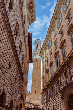 Fototapeta The historic streets of Siena are a showcase of medieval architecture and cozy, cobbled pathways. Located in the region of Tuscany in Italy, this city provides a unique experience for visitors.