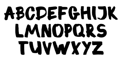 Bold hand drawn uppercase alphabet letters in a playful brush font. Vector illustration on white background.
