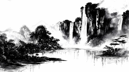 Black and white ink-style illustration of Angel Falls in Venezuela, dramatic vertical cliffs, dense jungle below, mist rising from the water.