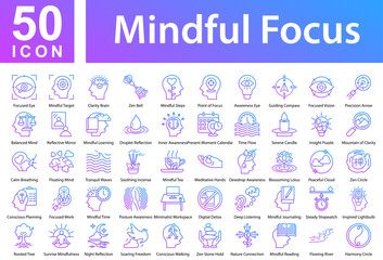 Mindful Focus Collection of Icons with Colorful Glyphs. Containing: Focused Eye,Mindful Target,Clarity Brain,Zen Bell,Mindful Steps,Point of Focus,Awareness Eye,Guiding Compass,Focused Vision