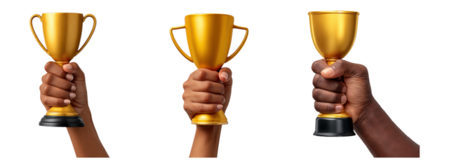 Hands holding golden trophies isolated on transparent background