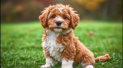 Charming Cavapoo Puppy with Soft, Fluffy Fur Sitting in a Lush Green Yard, Outdoor Portrait