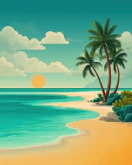 Obraz premium Vibrant summer vacation background of cheerful cartoon beach scene with turquoise ocean waves, swaying palm trees and golden sand under warm sunlight.