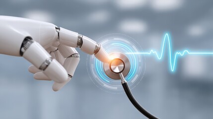 The use of robots and AI in assisting medical care concept. A white robotic hand gently touching a stethoscope.