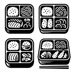 Set of Bento Box Icons Japanese Lunchbox Meal Cooking Homemade Picnic Food Package Cookery Flat Vector Monochrome  Illustration