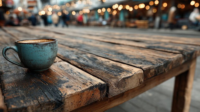 Minimalist wooden desk with coffee cup, a serene workspace for focused productivity