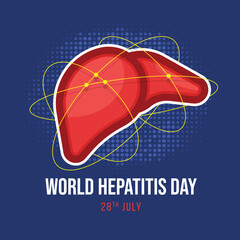 World Hepatitis Day - Red Liver with yellow line link connect roll around on blue dot texture background vector design