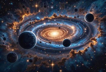 Expansive galaxy with swirling stars and planets in a cosmic setting